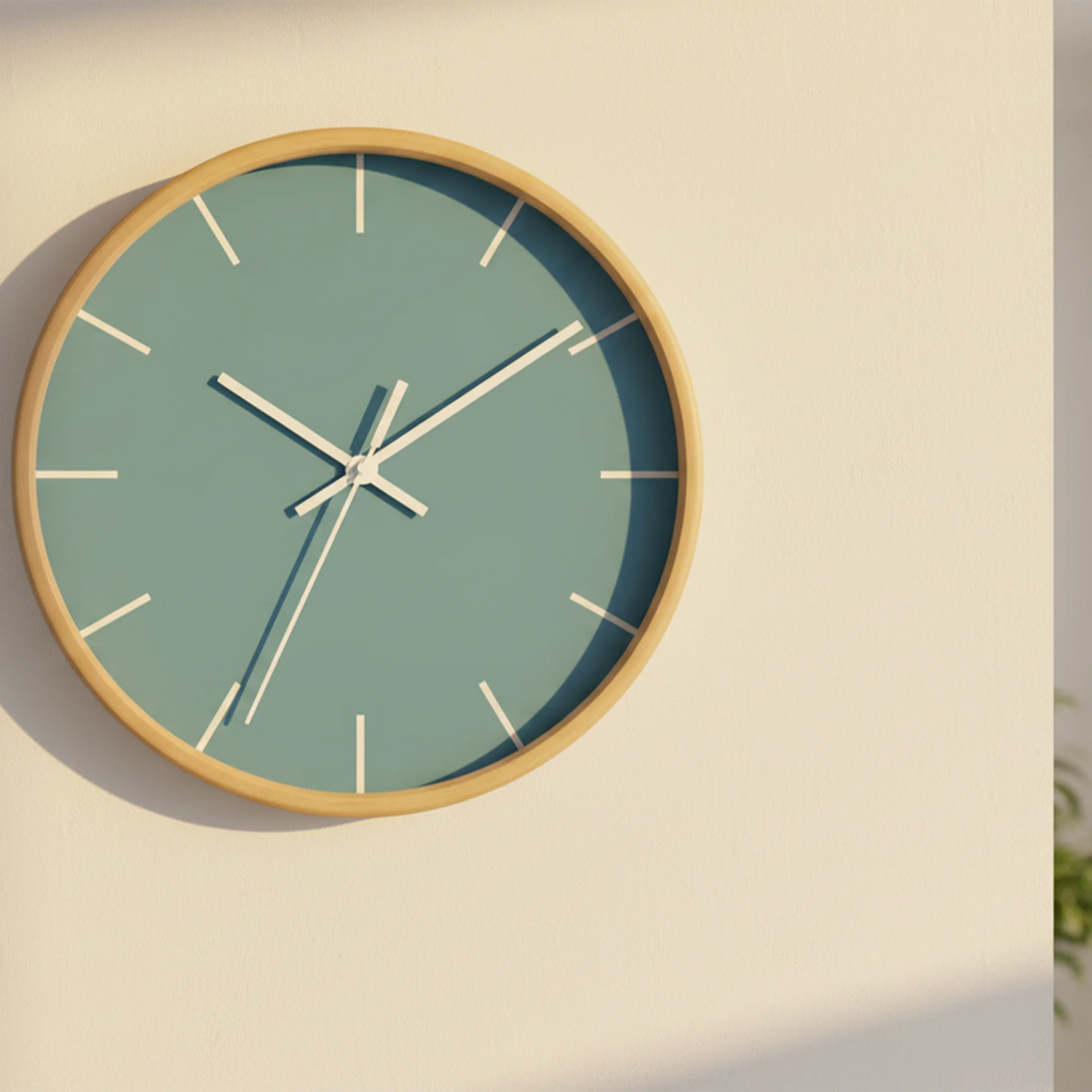 Vintage aqua silent wall clock, wooden base, white hands, white markers, styled on warm golden hour wall in modern living room, 10 inch.