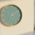 Vintage aqua silent wall clock, wooden base, white hands, white markers, styled on warm golden hour wall in modern living room, 10 inch.