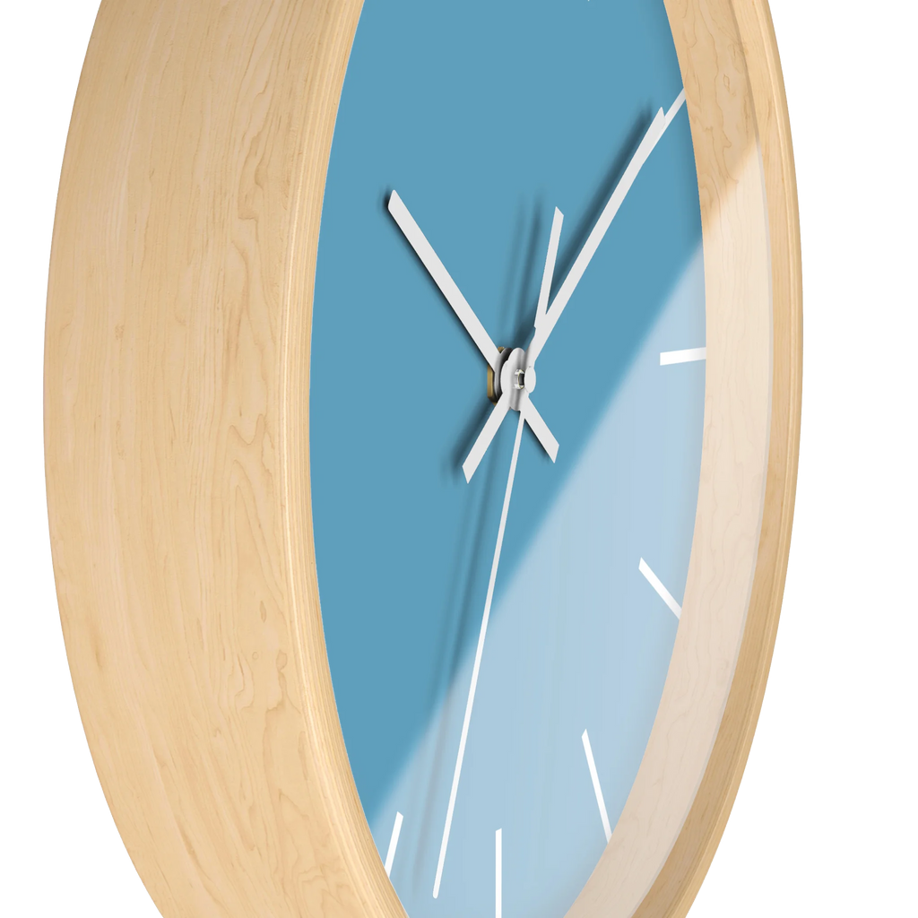 Vintage aqua silent wall clock, wooden base, white hands, white markers, 10 inch, side view.
