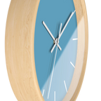 Vintage aqua silent wall clock, wooden base, white hands, white markers, 10 inch, side view.