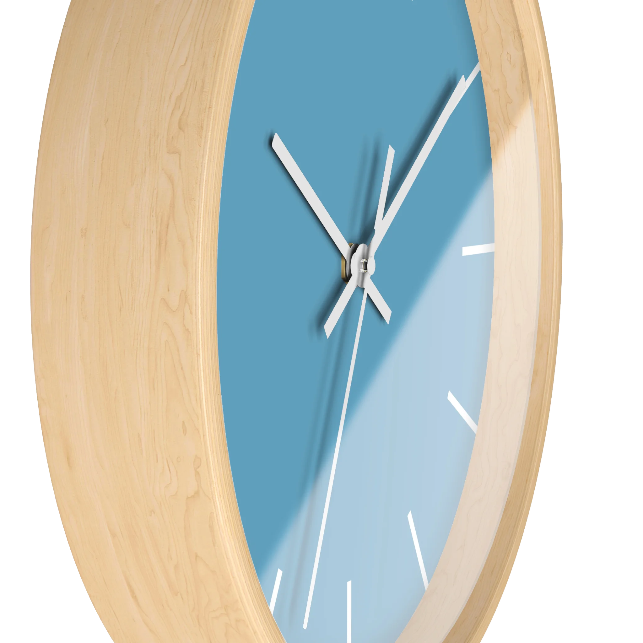 Vintage aqua silent wall clock, wooden base, white hands, white markers, 10 inch, side view.