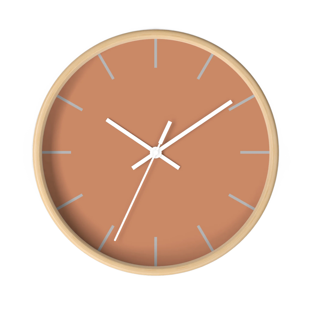 Vintage salmon silent wall clock, wooden base, white hands, light grey markers, 10 inch, front view.