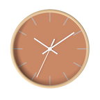 Vintage salmon silent wall clock, wooden base, white hands, light grey markers, 10 inch, front view.