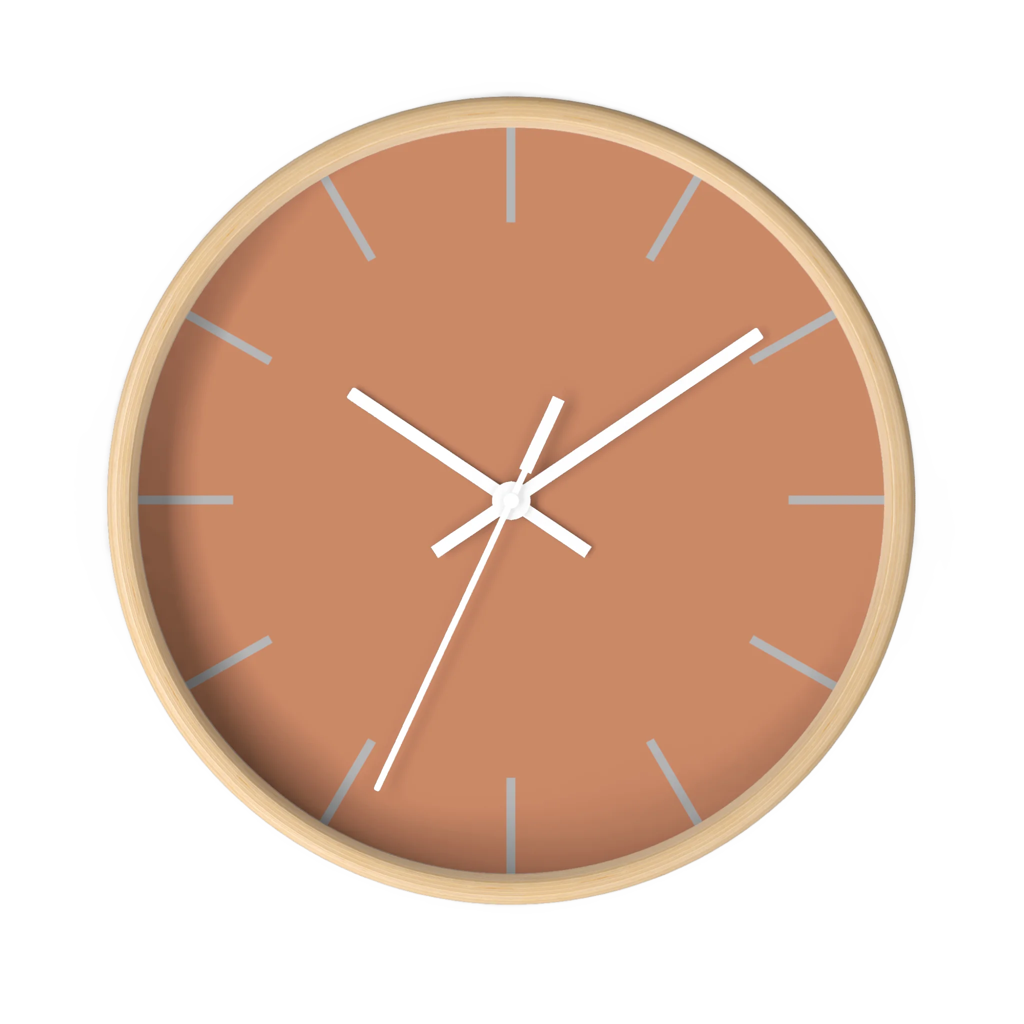 Vintage salmon silent wall clock, wooden base, white hands, light grey markers, 10 inch, front view.