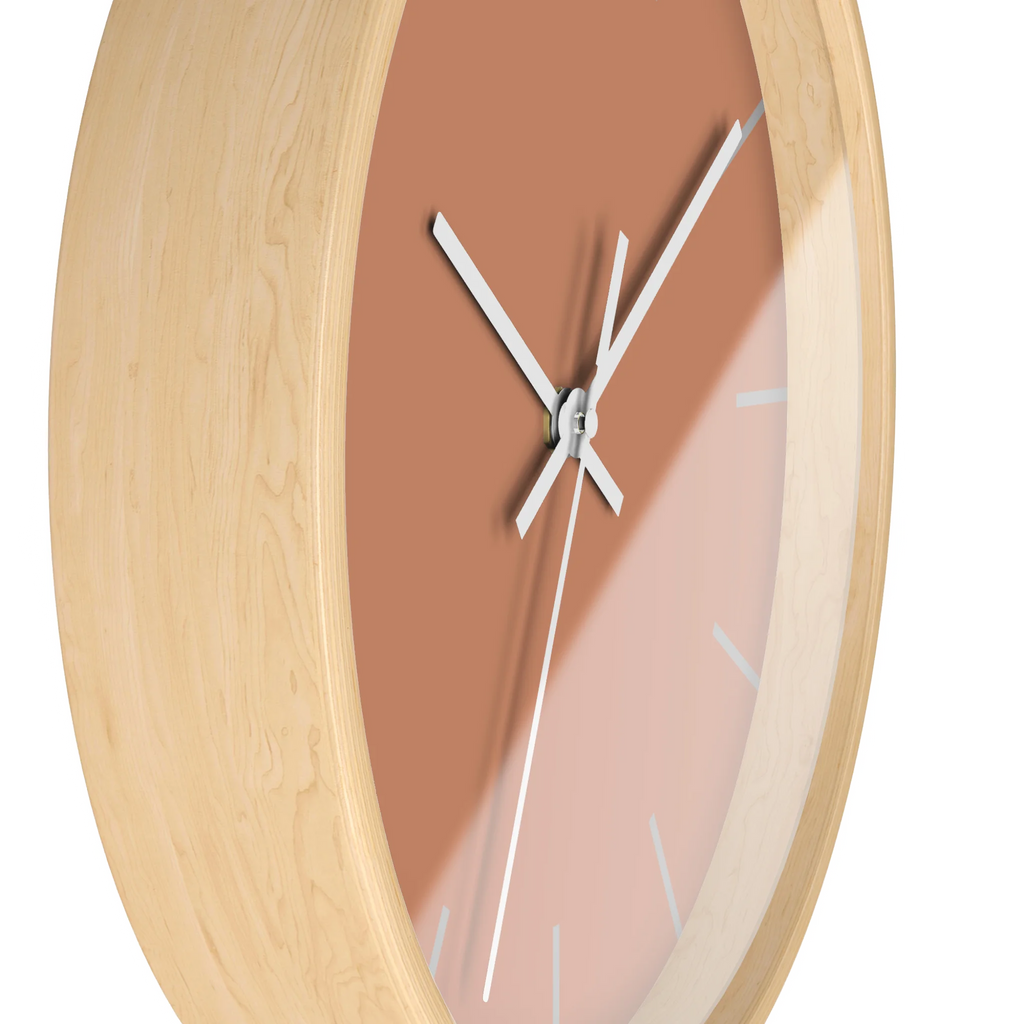 Vintage salmon silent wall clock, wooden base, white hands, light grey markers, 10 inch, side view.