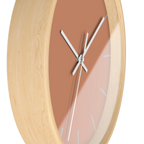 Vintage salmon silent wall clock, wooden base, white hands, light grey markers, 10 inch, side view.