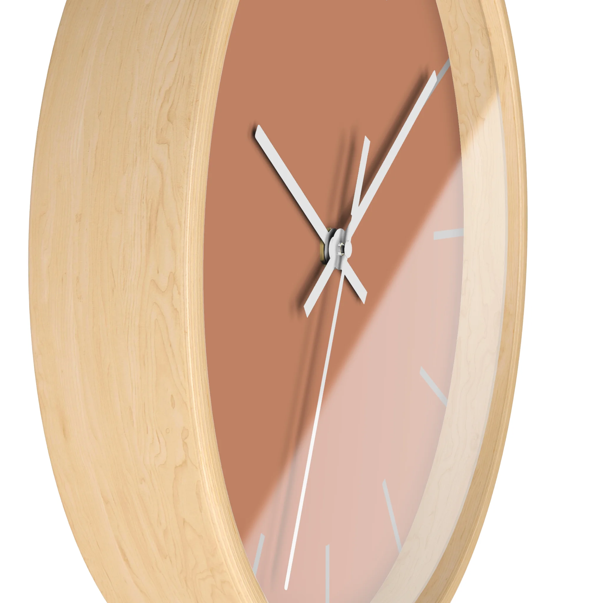 Vintage salmon silent wall clock, wooden base, white hands, light grey markers, 10 inch, side view.