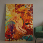 Freebrd "WWW" Worthy Wonder Woman unframed abstract canvas art, 36x48 vertical, 1.25" thick, leaning against modern interior wall beside accent sofa chair — size reference in fiery golds, oranges, reds, teal, and cobalt.