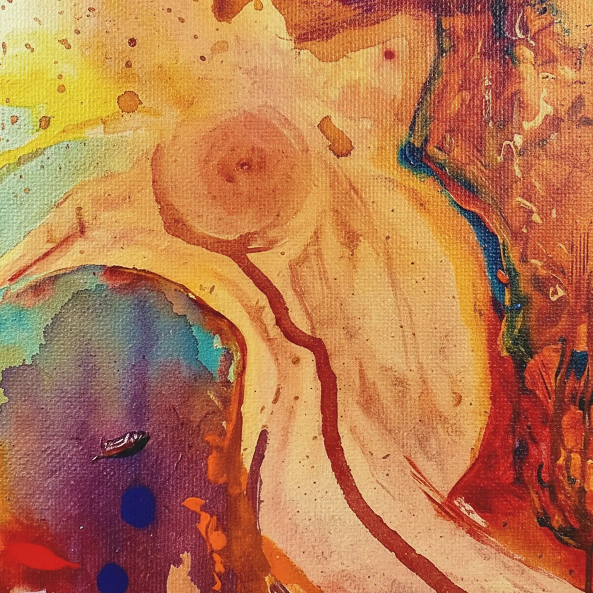 Close-up macro texture of Freebrd "WWW" Worthy Wonder Woman unframed abstract canvas art, 36x48 vertical, 1.25" thick canvas, fiery golds, burnt oranges, reds, teal, and cobalt gestural brushwork detail.
