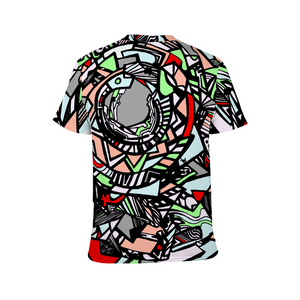 Jasmine Jackson Artwork FREEBRD Original "Zonch" बहुरंगा = Multicolor   Lime Green, Rose Pink, Charcoal, Red Orange, Black and White Unisex | This t-shirt is a super relaxed fit for both the man and woman physical ratio. Made from 100% Polyester | Hefty and soft -