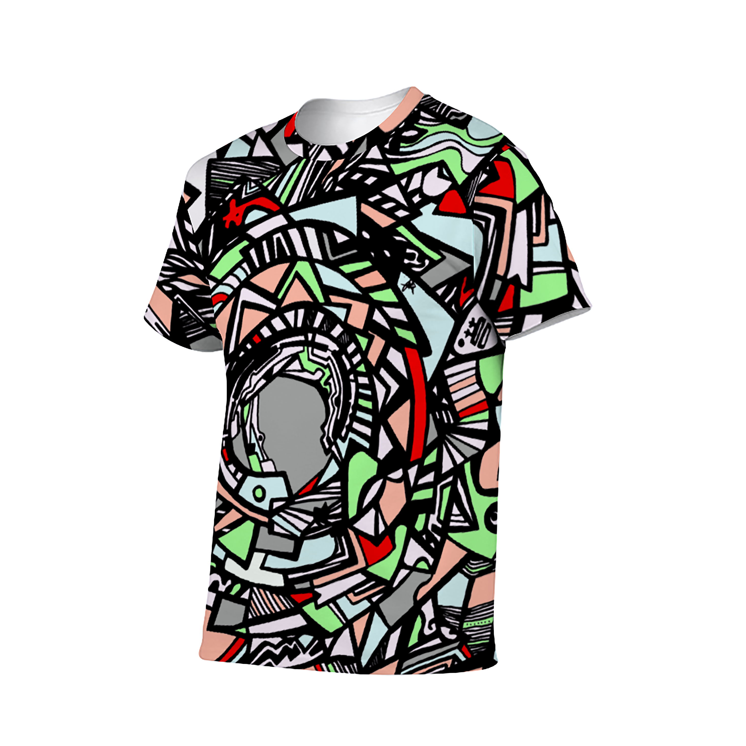 Jasmine Jackson Artwork FREEBRD Original "Zonch" बहुरंगा = Multicolor   Lime Green, Rose Pink, Charcoal, Red Orange, Black and White Unisex | This t-shirt is a super relaxed fit for both the man and woman physical ratio. Made from 100% Polyester | Hefty and soft -